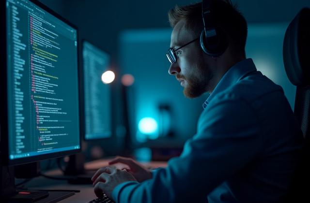 A game developer focused on a computer screen, coding