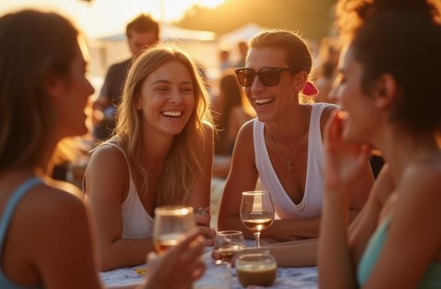 Team members laughing and socializing at a company event