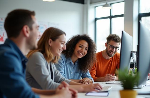 Team members collaborating enthusiastically in a bright, modern office
