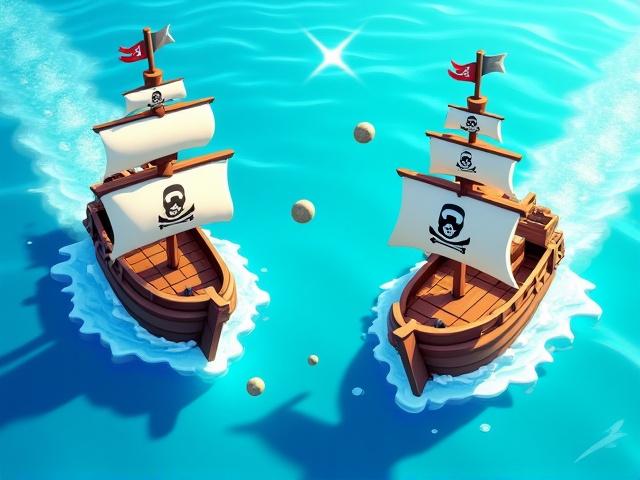 Screenshot of a pirate-themed casual mobile game with ship battles